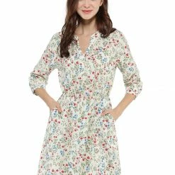 Allegra K Women's Button Down Floral Print V Neck 3/4 Sleeves Vintage Shirt Dress