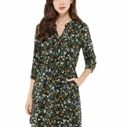 Allegra K Women's Button Down Floral Print V Neck 3/4 Sleeves Vintage Shirt Dress