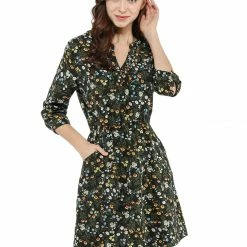 Allegra K Women's Button Down Floral Print V Neck 3/4 Sleeves Vintage Shirt Dress