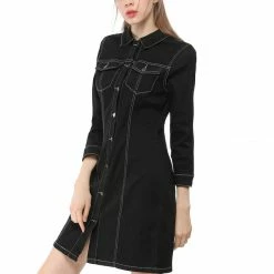 Allegra K 3/4 Sleeve Button Down Denim Shirt Dress Women