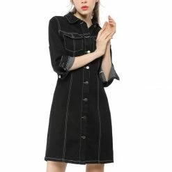 Allegra K 3/4 Sleeve Button Down Denim Shirt Dress Women