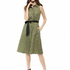 Allegra K Sleeveless Polka Dot Midi Shirt Dress Women