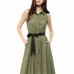 Allegra K Sleeveless Polka Dot Midi Shirt Dress Women