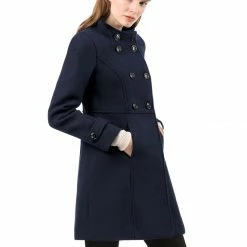 Allegra K Women's Double Breasted Stand Collar Coat With Slant Pockets