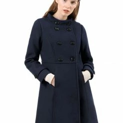 Allegra K Women's Double Breasted Stand Collar Coat With Slant Pockets