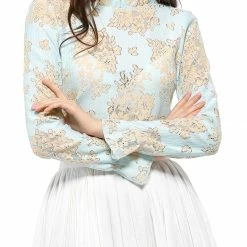 Allegra K Women‘s Chroect Lace See Through Floral Color Block Blouse