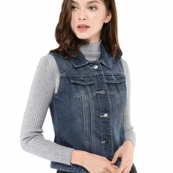 Allegra K Women's Washed Denim Buttoned Vest W Flap Pockets