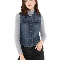 Allegra K Women's Washed Denim Buttoned Vest W Flap Pockets