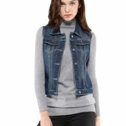Allegra K Women's Washed Denim Buttoned Vest W Flap Pockets