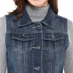 Allegra K Women's Washed Denim Buttoned Vest W Flap Pockets