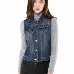Allegra K Women's Washed Denim Buttoned Vest W Flap Pockets