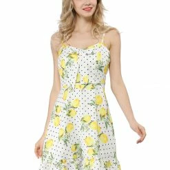 Women Allegra K Spaghetti Strap Bowknot Ruffle Lemon Polka Dot Dress
