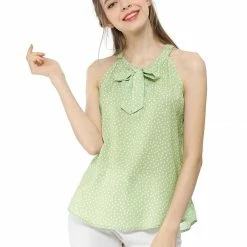 Allegra K Polka Dot Bow Tie Neck Tank Sleeveless Halter Tops
