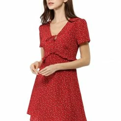 Allegra K Floral Bow Tie V Neck Shorts Sleeves Ruffle Dress Women
