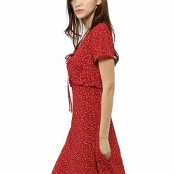 Allegra K Floral Bow Tie V Neck Shorts Sleeves Ruffle Dress Women