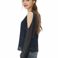 Women Allegra K Semi Sheer Tie V Neck Star Cold Shoulder Blouses