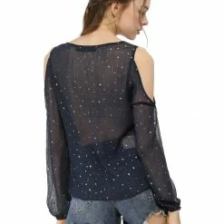Women Allegra K Semi Sheer Tie V Neck Star Cold Shoulder Blouses