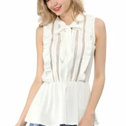 Women Allegra K Lace Sleeveless Tops Ruffle Tie Neck Sheer Mesh Peplum Shirt