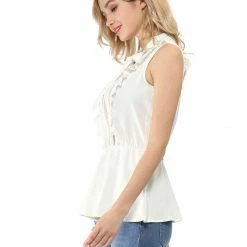 Women Allegra K Lace Sleeveless Tops Ruffle Tie Neck Sheer Mesh Peplum Shirt