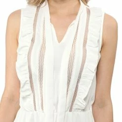 Women Allegra K Lace Sleeveless Tops Ruffle Tie Neck Sheer Mesh Peplum Shirt