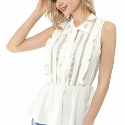 Women Allegra K Lace Sleeveless Tops Ruffle Tie Neck Sheer Mesh Peplum Shirt