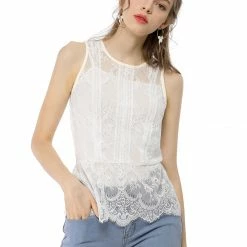 Allegra K Lace Overlay Peplum Top With Back Keyhole Button Closure