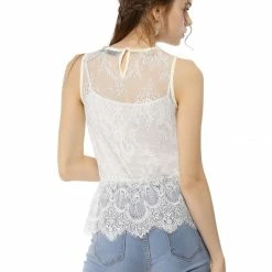 Allegra K Lace Overlay Peplum Top With Back Keyhole Button Closure