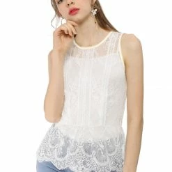 Allegra K Lace Overlay Peplum Top With Back Keyhole Button Closure