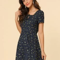 Allegra K Star Print Casual Square Neck Short Sleeve A-Line Dress