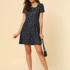 Allegra K Star Print Casual Square Neck Short Sleeve A-Line Dress