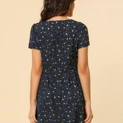 Allegra K Star Print Casual Square Neck Short Sleeve A-Line Dress
