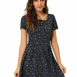 Allegra K Star Print Casual Square Neck Short Sleeve A-Line Dress