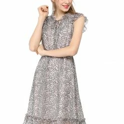 Women Allegra K Ruffled Sleeveless Leopard Chiffon A-Line Dress