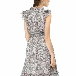 Women Allegra K Ruffled Sleeveless Leopard Chiffon A-Line Dress