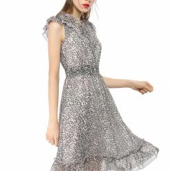 Women Allegra K Ruffled Sleeveless Leopard Chiffon A-Line Dress