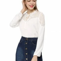 Women Allegra K Elegant Long Sleeve Lace Panel Keyhole Strap Chiffon Blouse 35 Women Allegra K Elegant Long Sleeve Lace Panel Keyhole Strap Chiffon Blouse