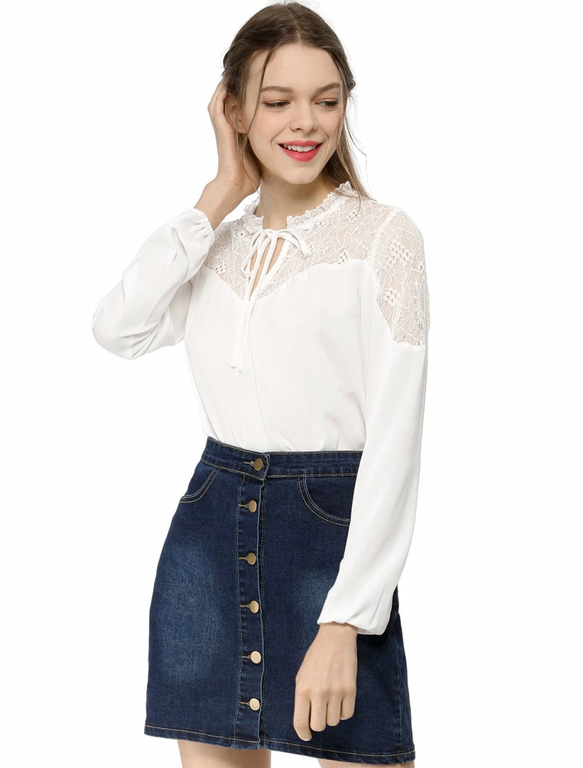 Women Allegra K Elegant Long Sleeve Lace Panel Keyhole Strap Chiffon Blouse 17 Women Allegra K Elegant Long Sleeve Lace Panel Keyhole Strap Chiffon Blouse