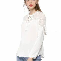 Women Allegra K Elegant Long Sleeve Lace Panel Keyhole Strap Chiffon Blouse 36 Women Allegra K Elegant Long Sleeve Lace Panel Keyhole Strap Chiffon Blouse