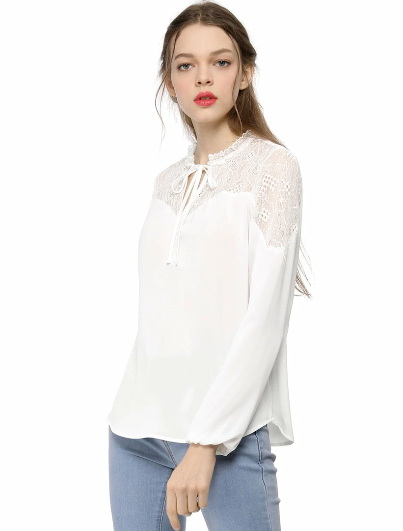 Women Allegra K Elegant Long Sleeve Lace Panel Keyhole Strap Chiffon Blouse 18 Women Allegra K Elegant Long Sleeve Lace Panel Keyhole Strap Chiffon Blouse