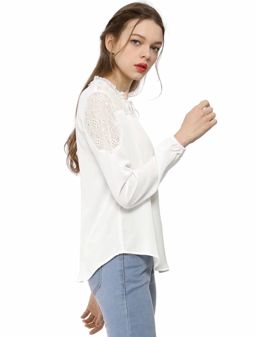 Women Allegra K Elegant Long Sleeve Lace Panel Keyhole Strap Chiffon Blouse 19 Women Allegra K Elegant Long Sleeve Lace Panel Keyhole Strap Chiffon Blouse
