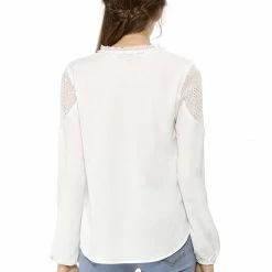 Women Allegra K Elegant Long Sleeve Lace Panel Keyhole Strap Chiffon Blouse 38 Women Allegra K Elegant Long Sleeve Lace Panel Keyhole Strap Chiffon Blouse