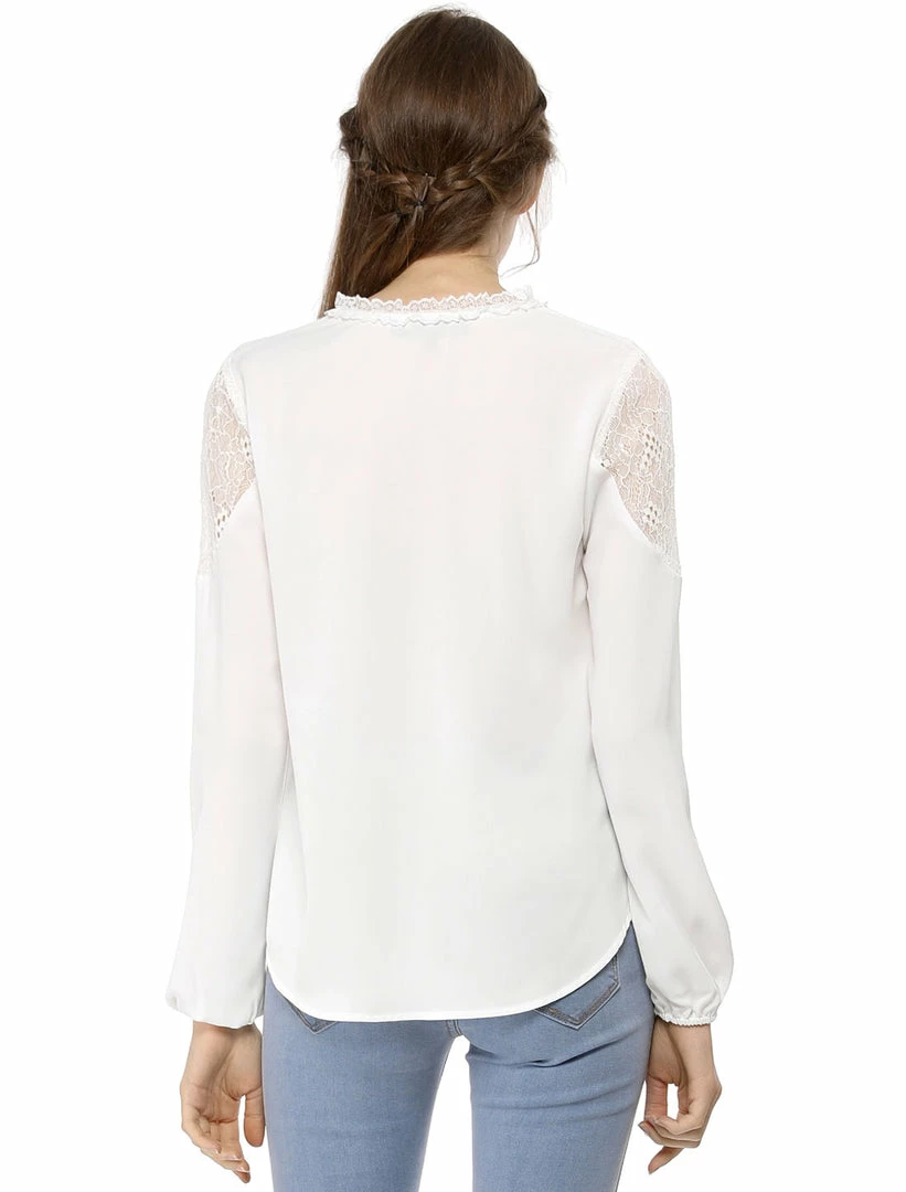 Women Allegra K Elegant Long Sleeve Lace Panel Keyhole Strap Chiffon Blouse 20 Women Allegra K Elegant Long Sleeve Lace Panel Keyhole Strap Chiffon Blouse