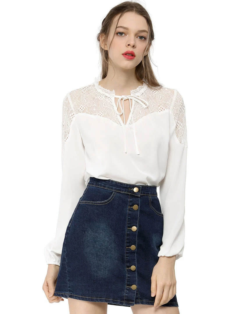 Women Allegra K Elegant Long Sleeve Lace Panel Keyhole Strap Chiffon Blouse 16 Women Allegra K Elegant Long Sleeve Lace Panel Keyhole Strap Chiffon Blouse