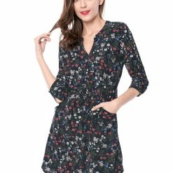 Allegra K Women's Button Down Floral Print V Neck 3/4 Sleeves Vintage Shirt Dress