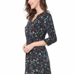 Allegra K Women's Button Down Floral Print V Neck 3/4 Sleeves Vintage Shirt Dress