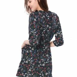 Allegra K Women's Button Down Floral Print V Neck 3/4 Sleeves Vintage Shirt Dress