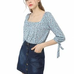 Allegra K Women's Tie Cuffs 3/4 Sleeves Square Neck Floral Blouse 61 Allegra K Women's Tie Cuffs 3/4 Sleeves Square Neck Floral Blouse
