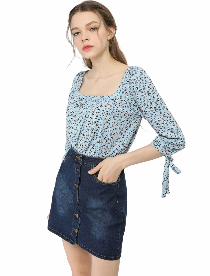 Allegra K Women's Tie Cuffs 3/4 Sleeves Square Neck Floral Blouse 31 Allegra K Women's Tie Cuffs 3/4 Sleeves Square Neck Floral Blouse