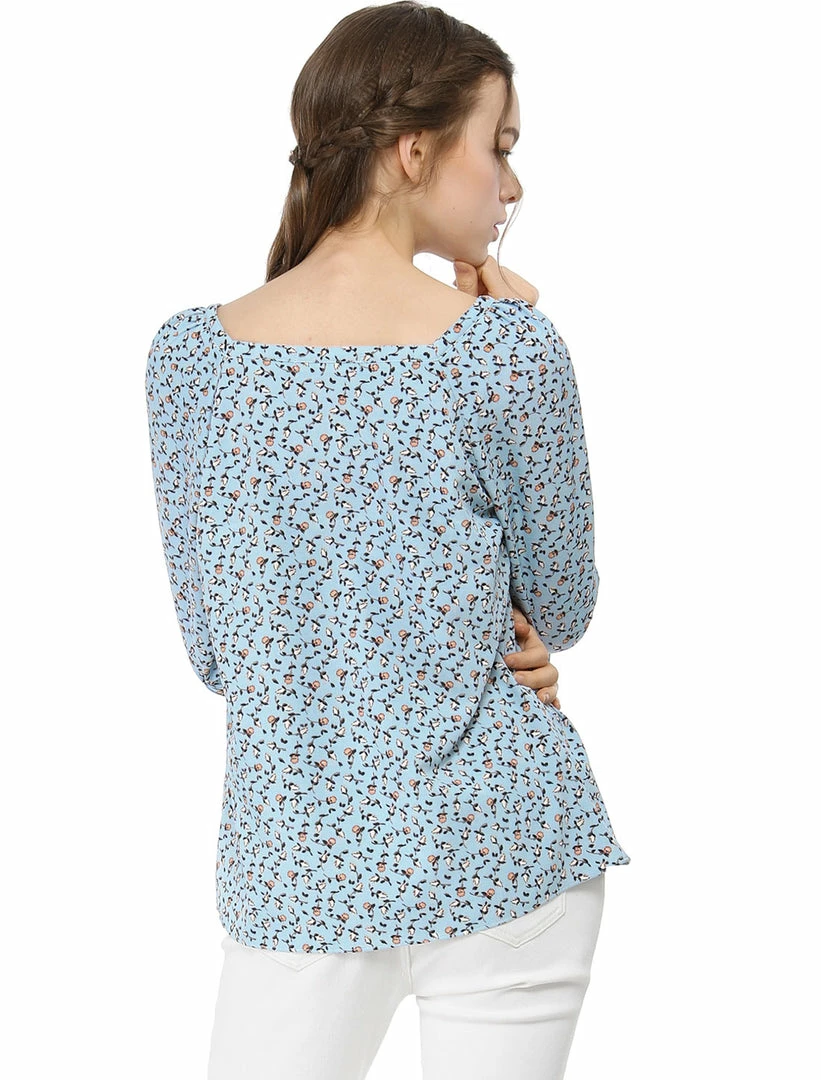 Allegra K Women's Tie Cuffs 3/4 Sleeves Square Neck Floral Blouse 32 Allegra K Women's Tie Cuffs 3/4 Sleeves Square Neck Floral Blouse