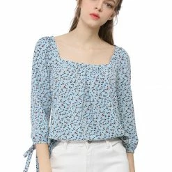 Allegra K Women's Tie Cuffs 3/4 Sleeves Square Neck Floral Blouse 58 Allegra K Women's Tie Cuffs 3/4 Sleeves Square Neck Floral Blouse